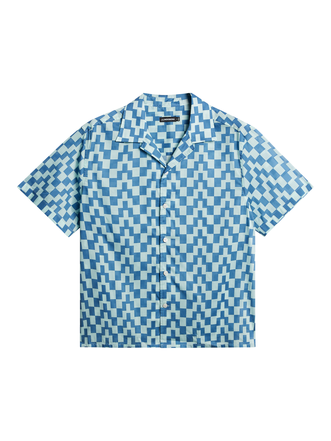 Product image 5 of 5, which shows J.Lindeberg Donso Cotton Regular Fit Abstract Check Revere Collar Shirt, Mid Blue, L