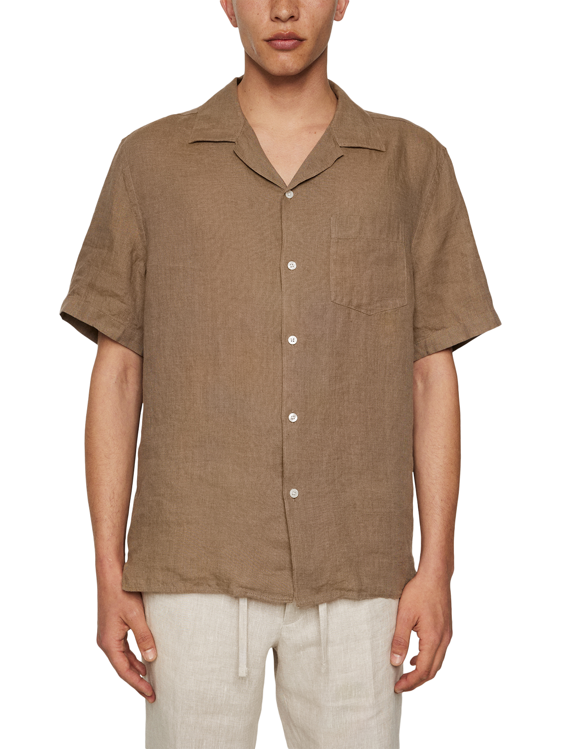 Product image 1 of 5, which shows J.Lindeberg Elio Linen Regular Fit Revere Collar Shirt, Mid Brown, L