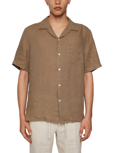 J.Lindeberg Elio Linen Regular Fit Revere Collar Shirt, Mid Brown, Mid Brown