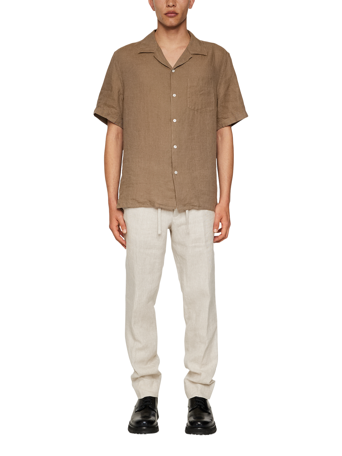 Product image 3 of 5, which shows J.Lindeberg Elio Linen Regular Fit Revere Collar Shirt, Mid Brown, L