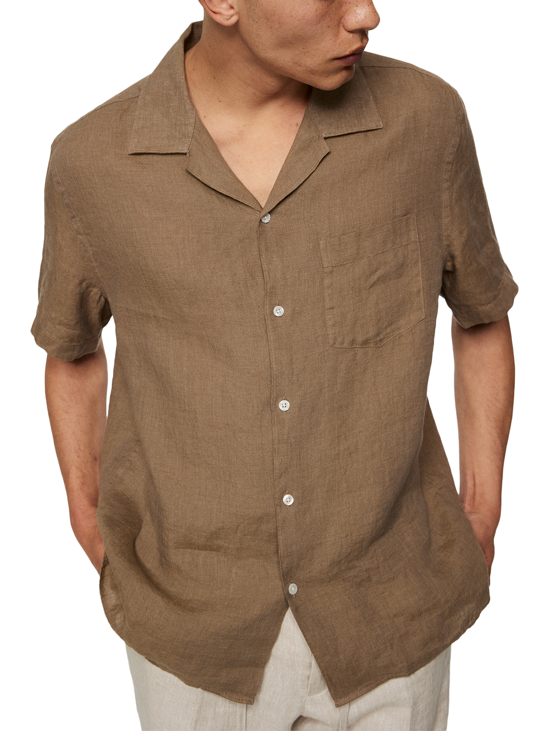 Product image 4 of 5, which shows J.Lindeberg Elio Linen Regular Fit Revere Collar Shirt, Mid Brown, L