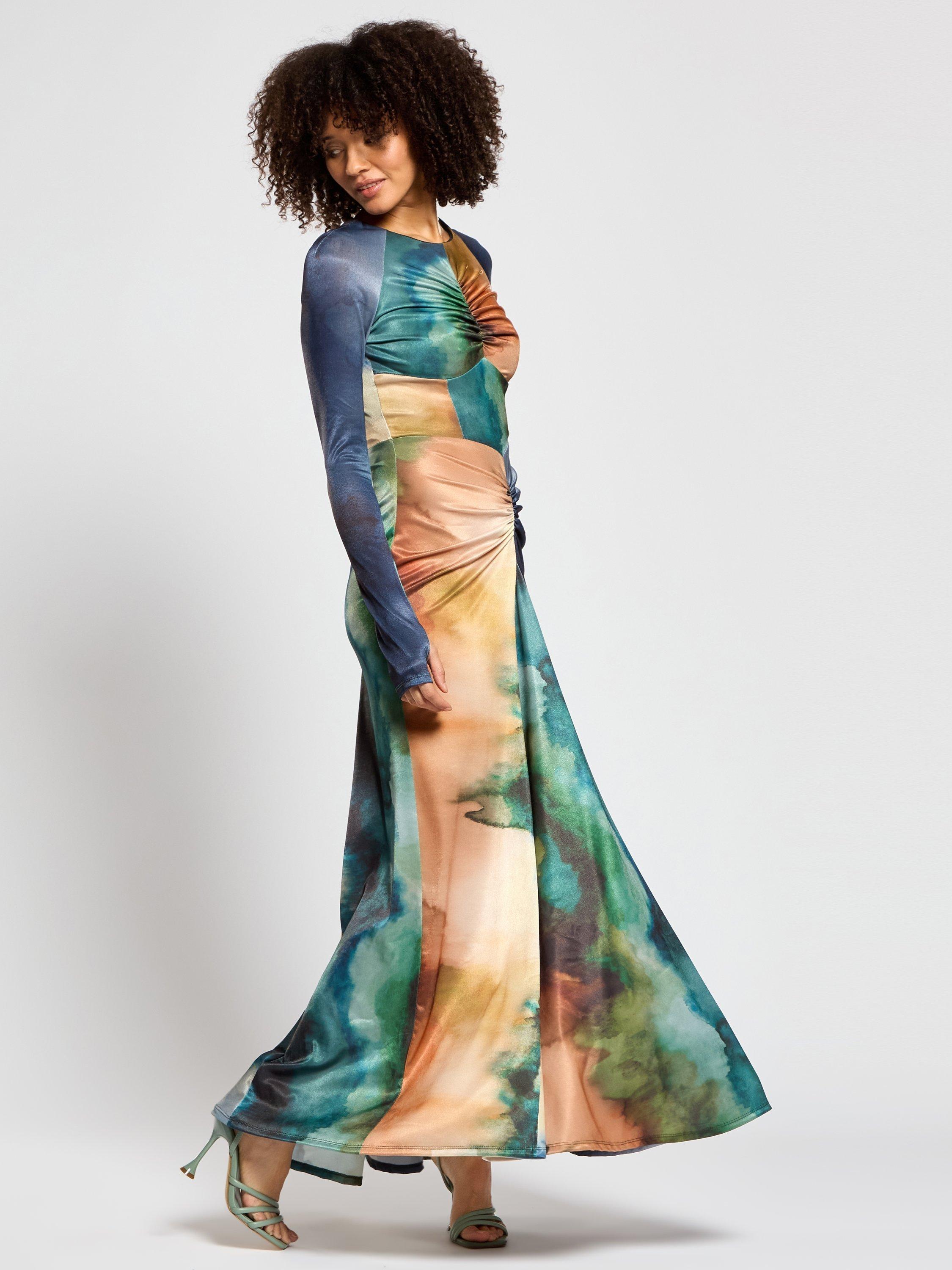 Product image 3 of 3, which shows DASKA Cordelia Abstract Ruched Maxi Dress, Multi, XS