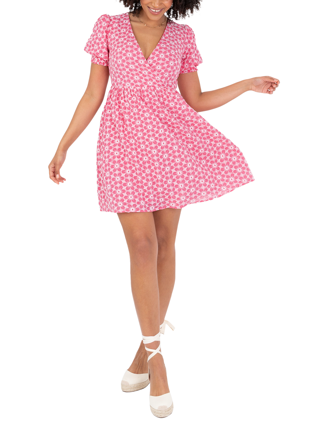 Product image 1 of 10, which shows Lovedrobe Short Puff Sleeve Embroidered Cotton Mini Dress, Pink/ White, 8