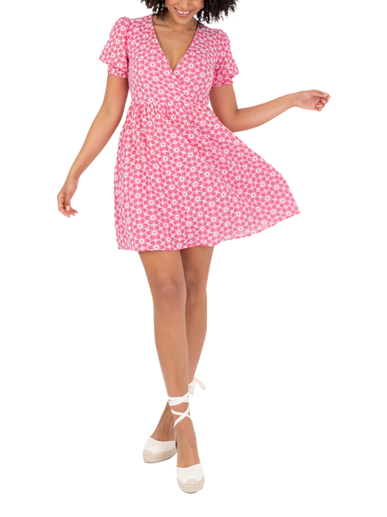 Lovedrobe Short Puff Sleeve Embroidered Cotton Mini Dress, Pink/White, Pink/ White