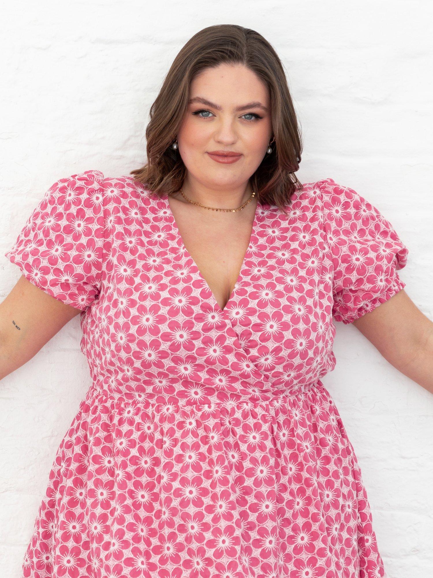 Product image 10 of 10, which shows Lovedrobe Short Puff Sleeve Embroidered Cotton Mini Dress, Pink/ White, 8