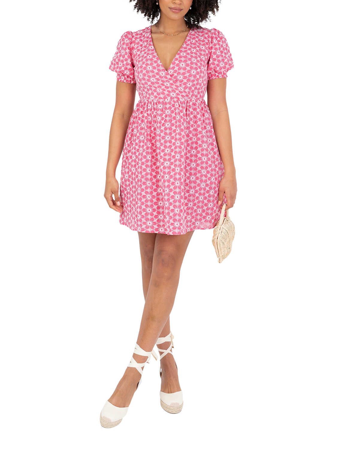 Product image 2 of 10, which shows Lovedrobe Short Puff Sleeve Embroidered Cotton Mini Dress, Pink/ White, 8
