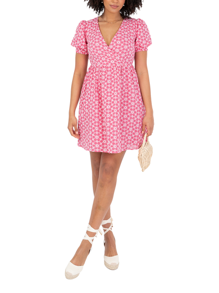 Lovedrobe Short Puff Sleeve Embroidered Cotton Mini Dress, Pink/White - view 2, Pink/ White