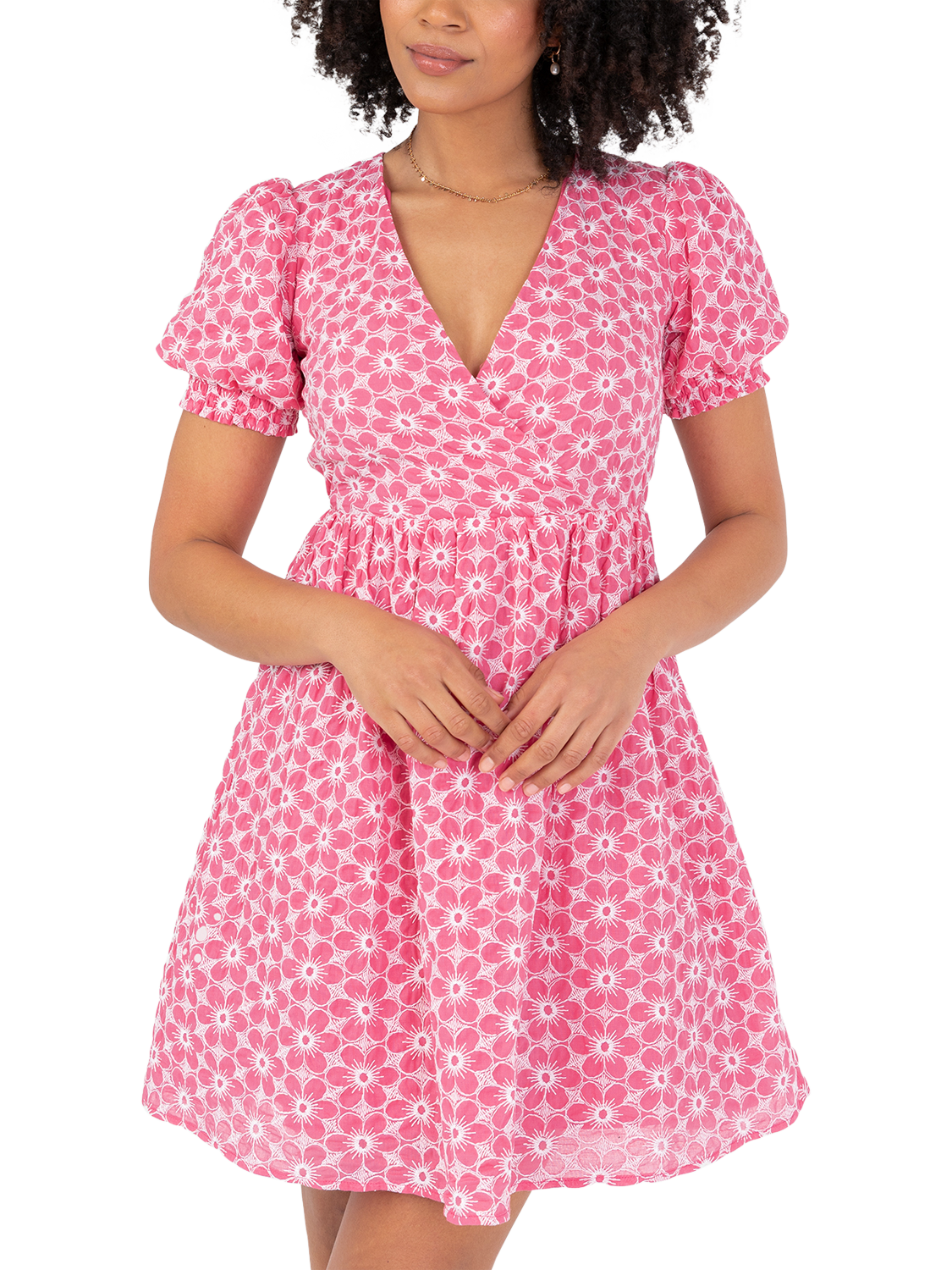 Product image 3 of 10, which shows Lovedrobe Short Puff Sleeve Embroidered Cotton Mini Dress, Pink/ White, 8