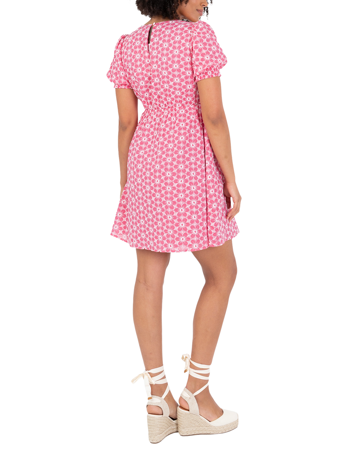 Product image 4 of 10, which shows Lovedrobe Short Puff Sleeve Embroidered Cotton Mini Dress, Pink/ White, 8