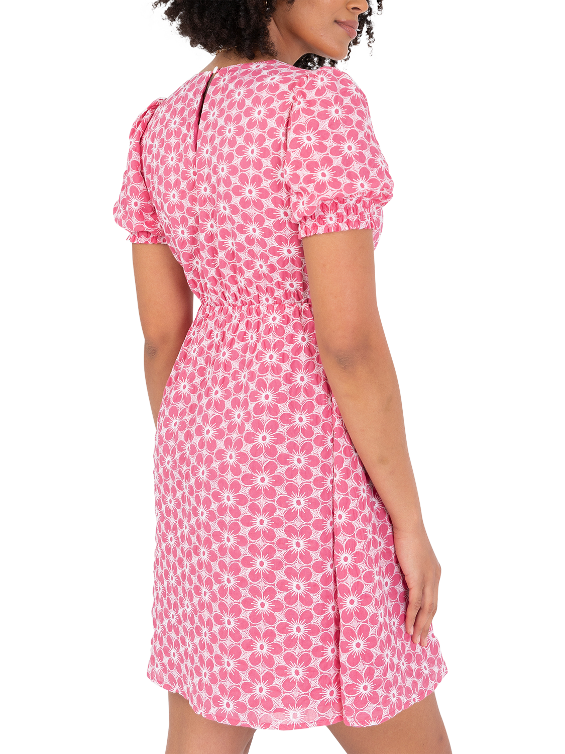 Product image 5 of 10, which shows Lovedrobe Short Puff Sleeve Embroidered Cotton Mini Dress, Pink/ White, 8