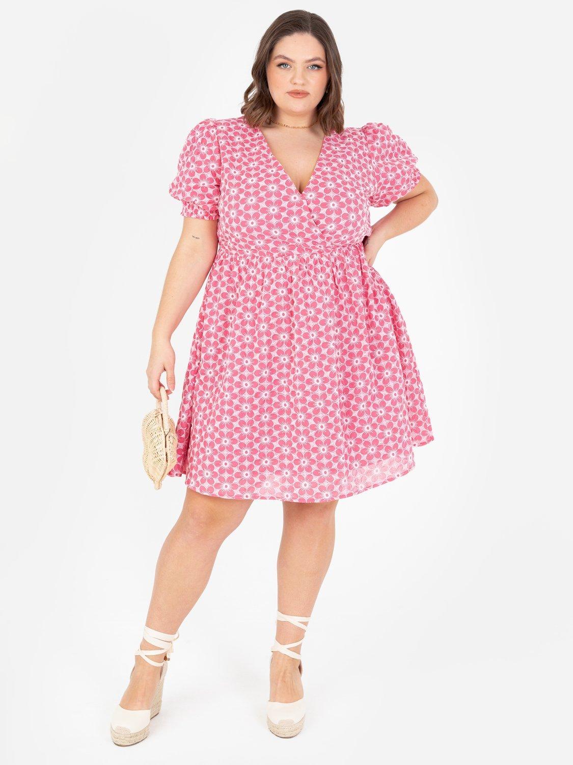 Product image 6 of 10, which shows Lovedrobe Short Puff Sleeve Embroidered Cotton Mini Dress, Pink/ White, 8