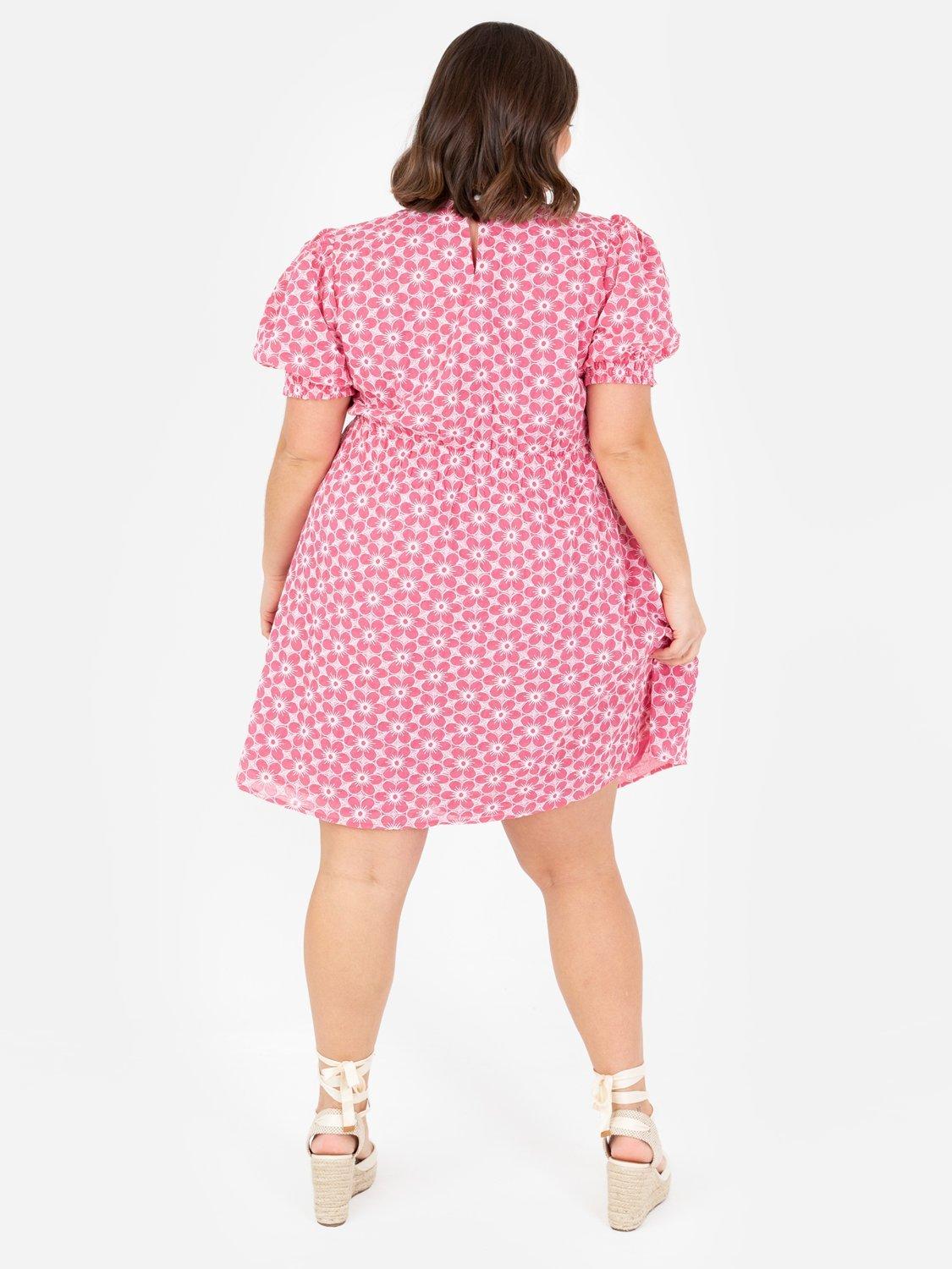 Product image 8 of 10, which shows Lovedrobe Short Puff Sleeve Embroidered Cotton Mini Dress, Pink/ White, 8