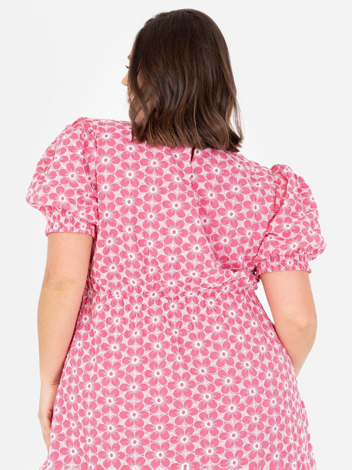 Product image 7 of 10, which shows Lovedrobe Short Puff Sleeve Embroidered Cotton Mini Dress, Pink/ White, 8