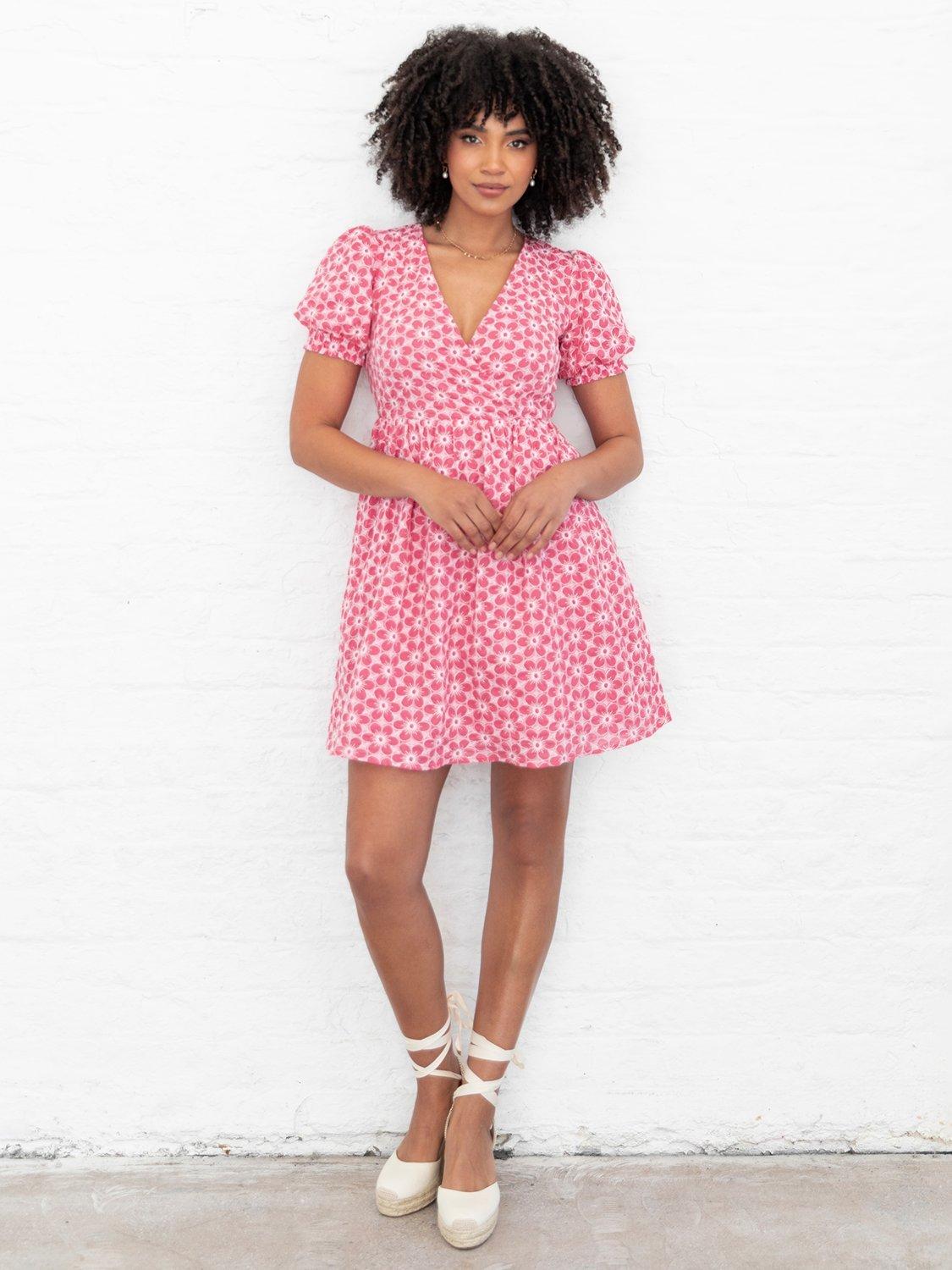 Product image 9 of 10, which shows Lovedrobe Short Puff Sleeve Embroidered Cotton Mini Dress, Pink/ White, 8