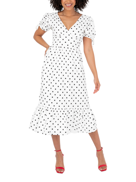 Lovedrobe Short Puff Sleeve Polka Dot Midi Dress, White/Black, White/ Black