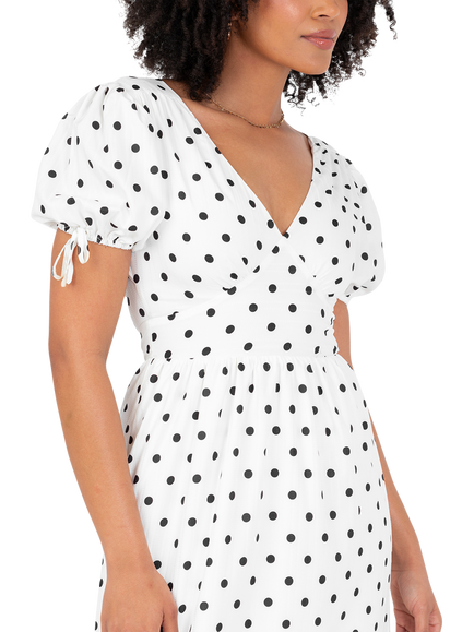 Lovedrobe Short Puff Sleeve Polka Dot Midi Dress, White/Black - view 2, White/ Black