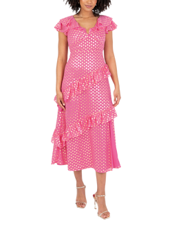 Lovedrobe Foil Print Ruffle Midaxi Dress, Fuchsia / Gold, Fuchsia / Gold