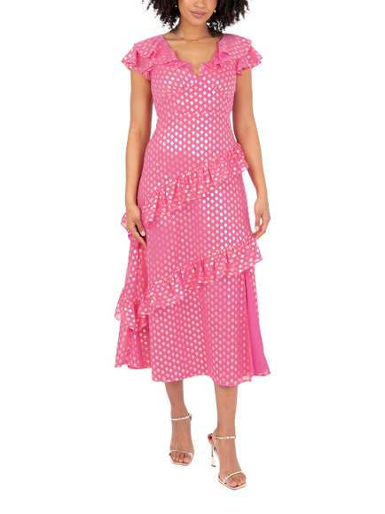 Lovedrobe Foil Print Ruffle Midaxi Dress, Fuchsia / Gold, Fuchsia / Gold