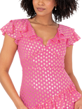 Lovedrobe Foil Print Ruffle Midaxi Dress, Fuchsia / Gold