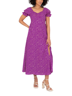 Lovedrobe Short Puff Sleeve Speckle Print Midi Dress, Purple, Purple