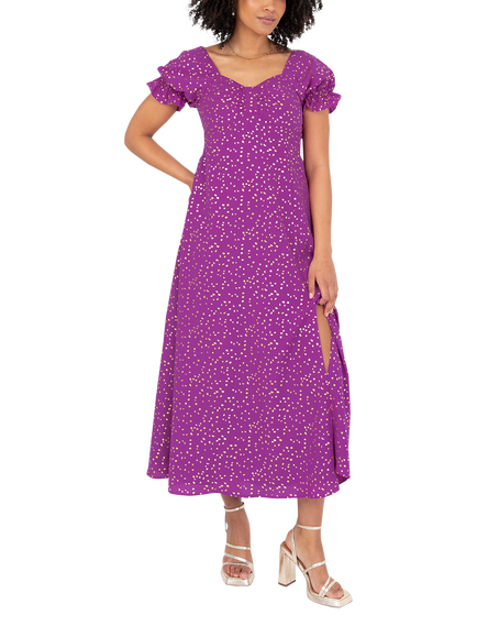 Lovedrobe Short Puff Sleeve Speckle Print Midi Dress, Purple, Purple