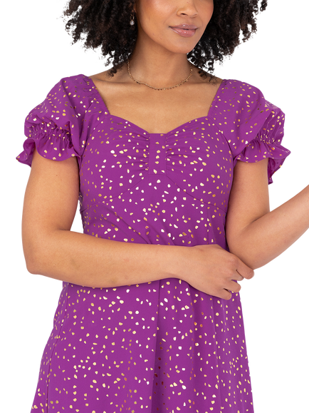 Lovedrobe Short Puff Sleeve Speckle Print Midi Dress, Purple - view 2, Purple