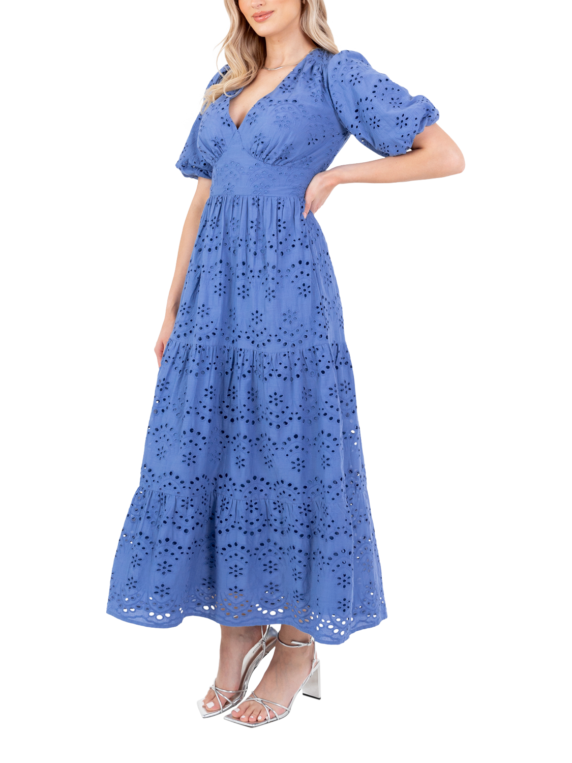 Product image 1 of 11, which shows Lovedrobe Floral Broderie Anglaise Maxi Dress, Blue, 8