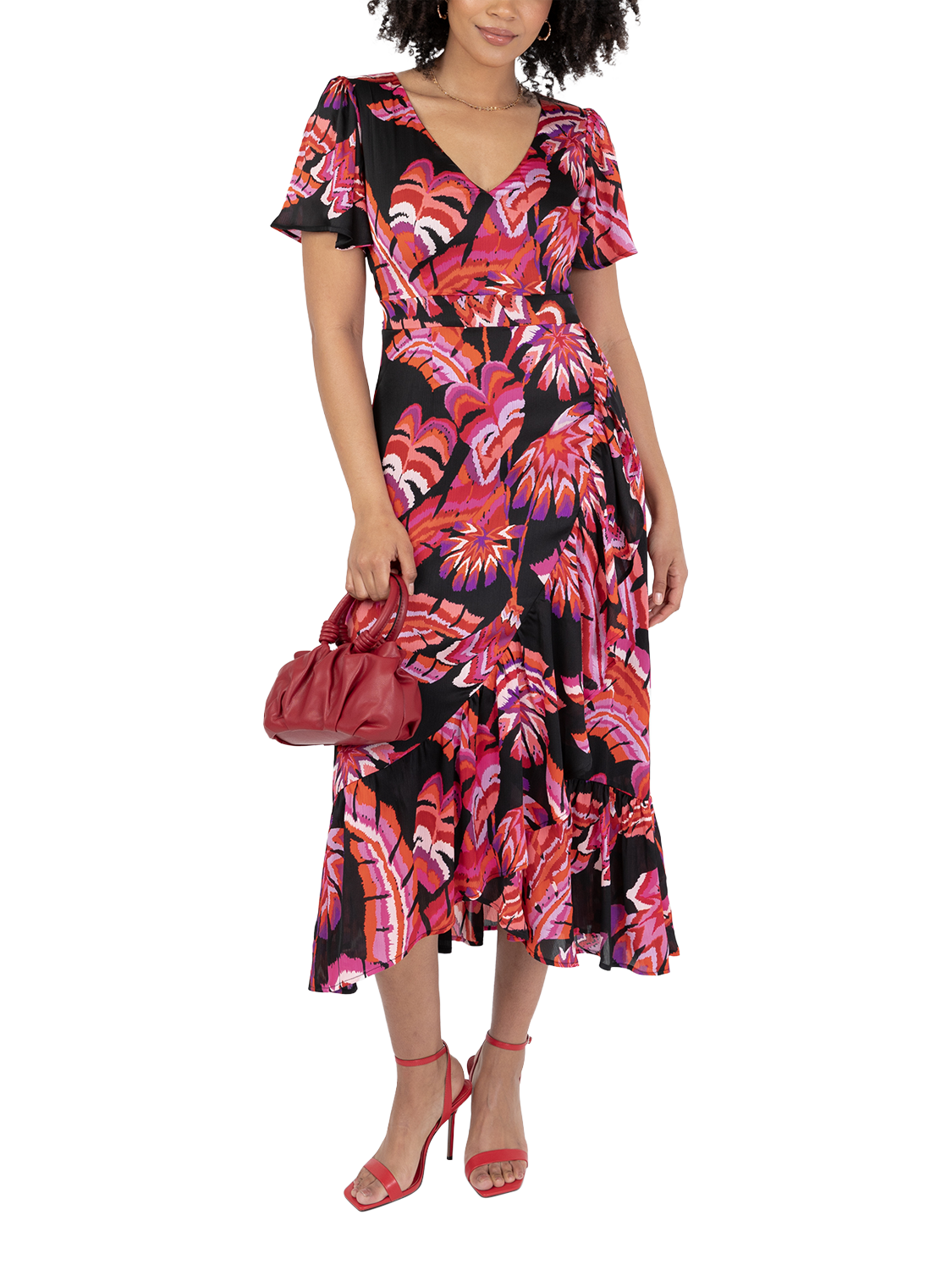 Product image 1 of 11, which shows Lovedrobe Tropical Floral Waterfall Ruffle Midaxi Dress, Black/Multi, 8