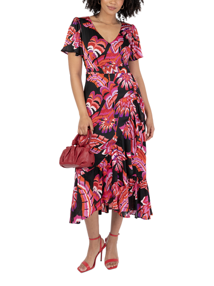 Lovedrobe Tropical Floral Waterfall Ruffle Midaxi Dress, Black/Multi, Black/Multi