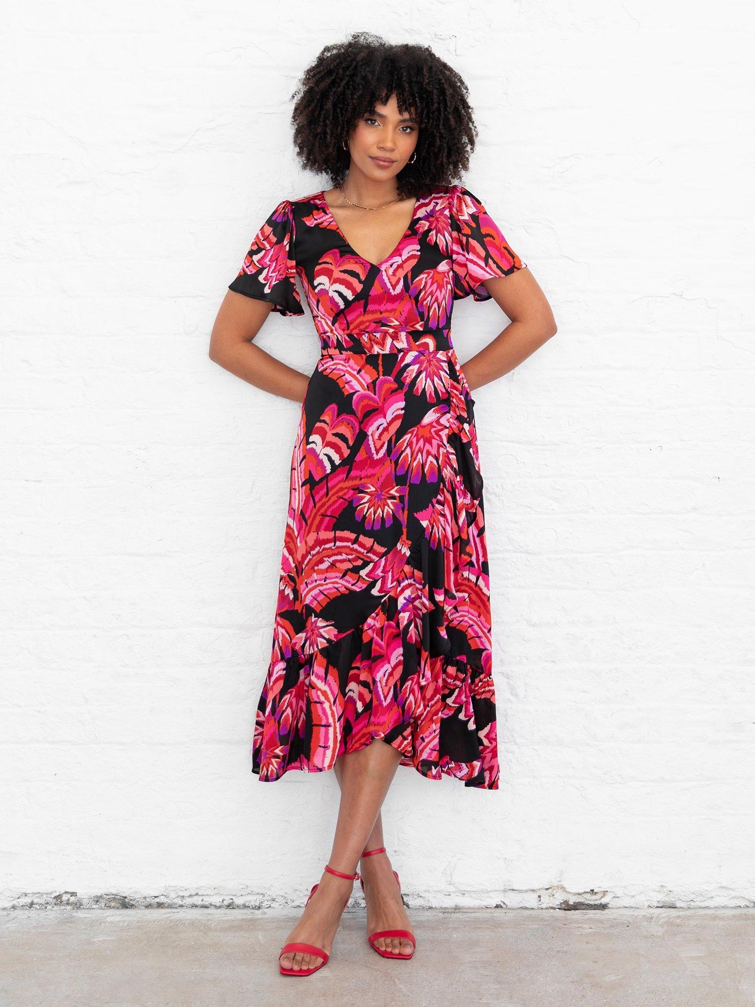 Product image 11 of 11, which shows Lovedrobe Tropical Floral Waterfall Ruffle Midaxi Dress, Black/Multi, 8