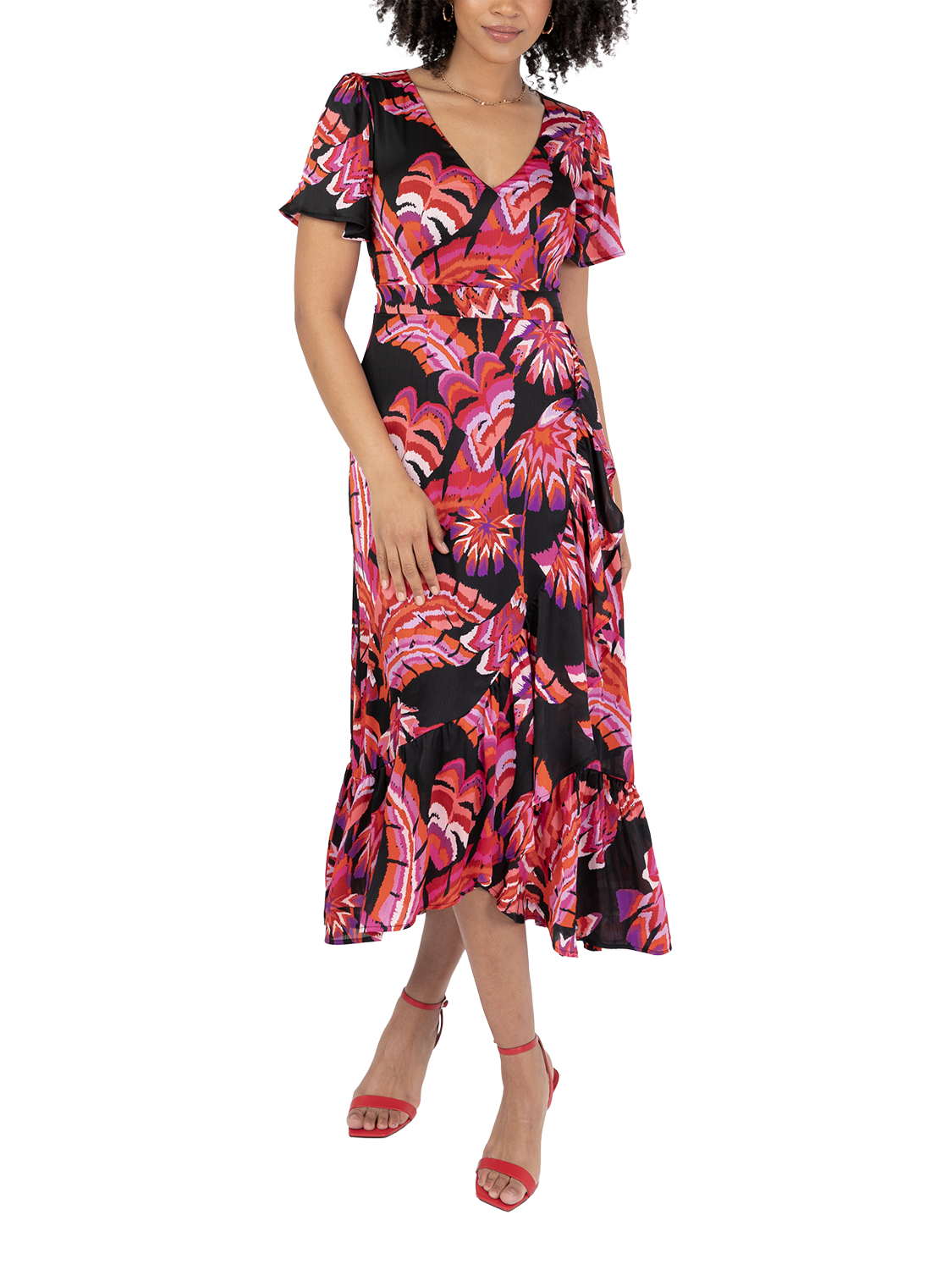 Product image 2 of 11, which shows Lovedrobe Tropical Floral Waterfall Ruffle Midaxi Dress, Black/Multi, 8