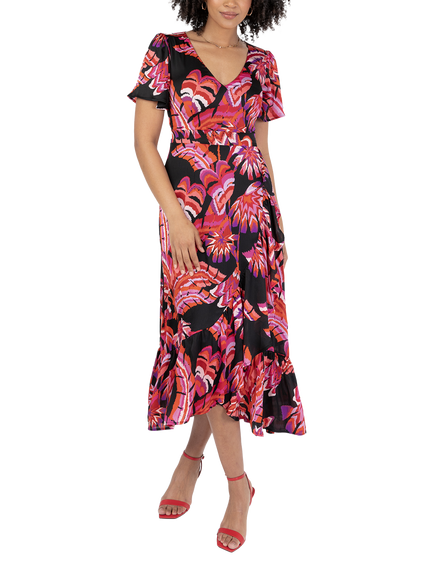 Lovedrobe Tropical Floral Waterfall Ruffle Midaxi Dress, Black/Multi - view 2, Black/Multi