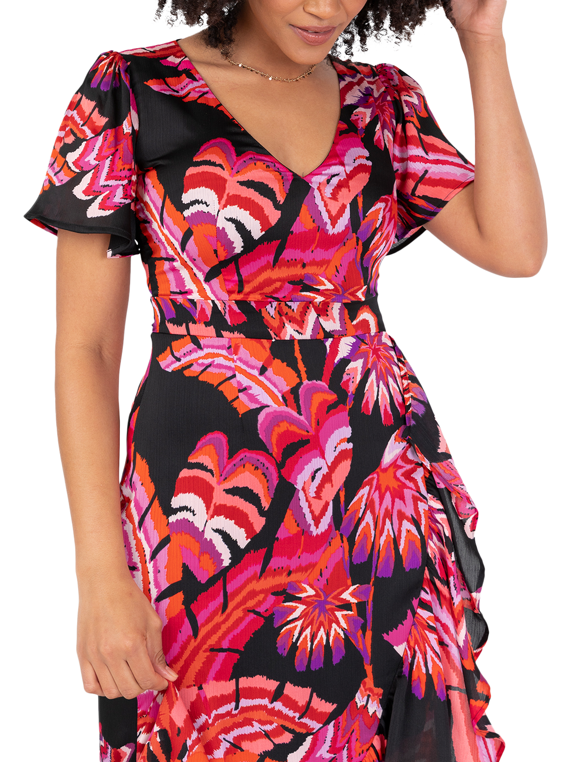 Product image 3 of 11, which shows Lovedrobe Tropical Floral Waterfall Ruffle Midaxi Dress, Black/Multi, 8