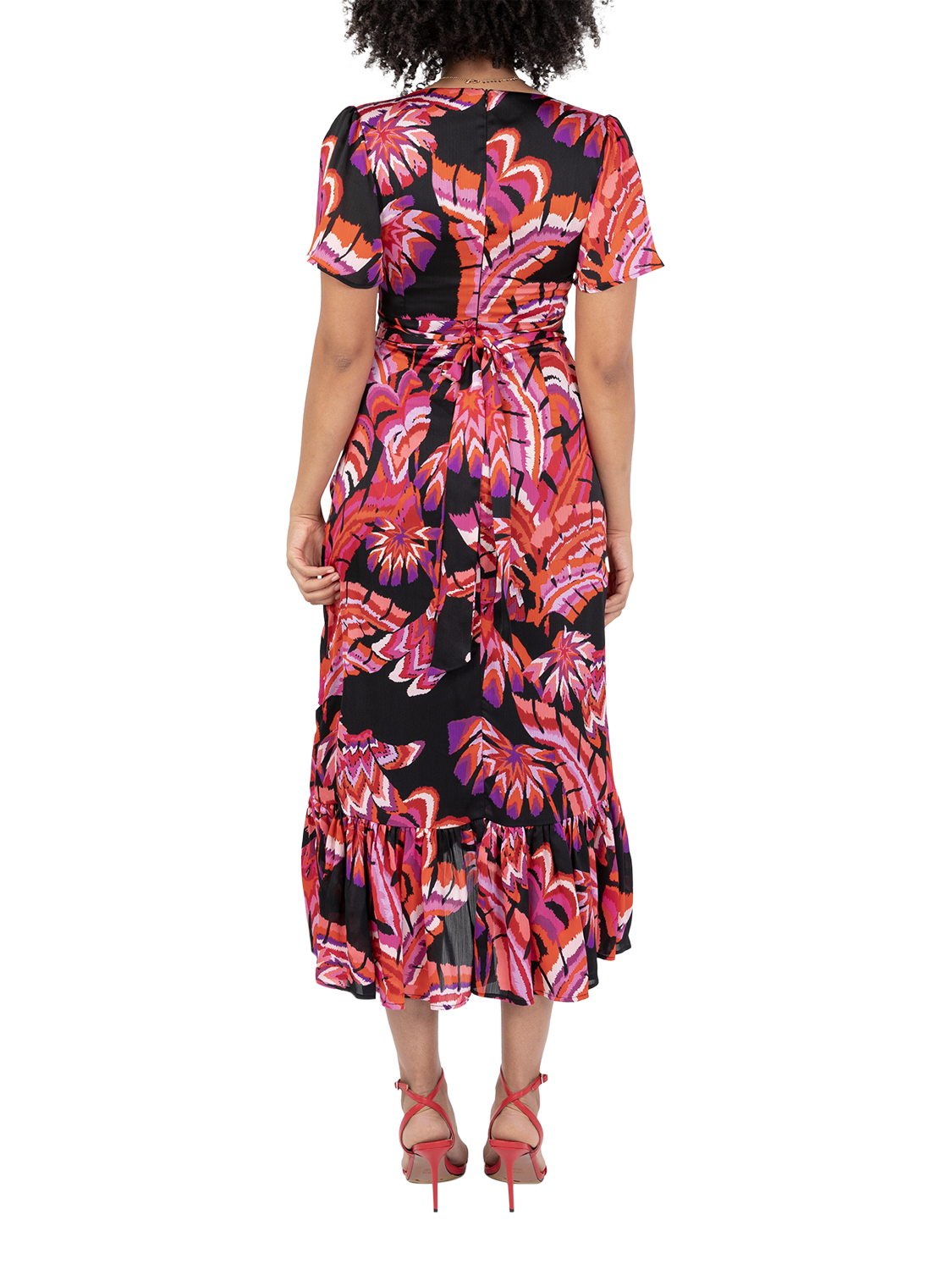 Product image 4 of 11, which shows Lovedrobe Tropical Floral Waterfall Ruffle Midaxi Dress, Black/Multi, 8