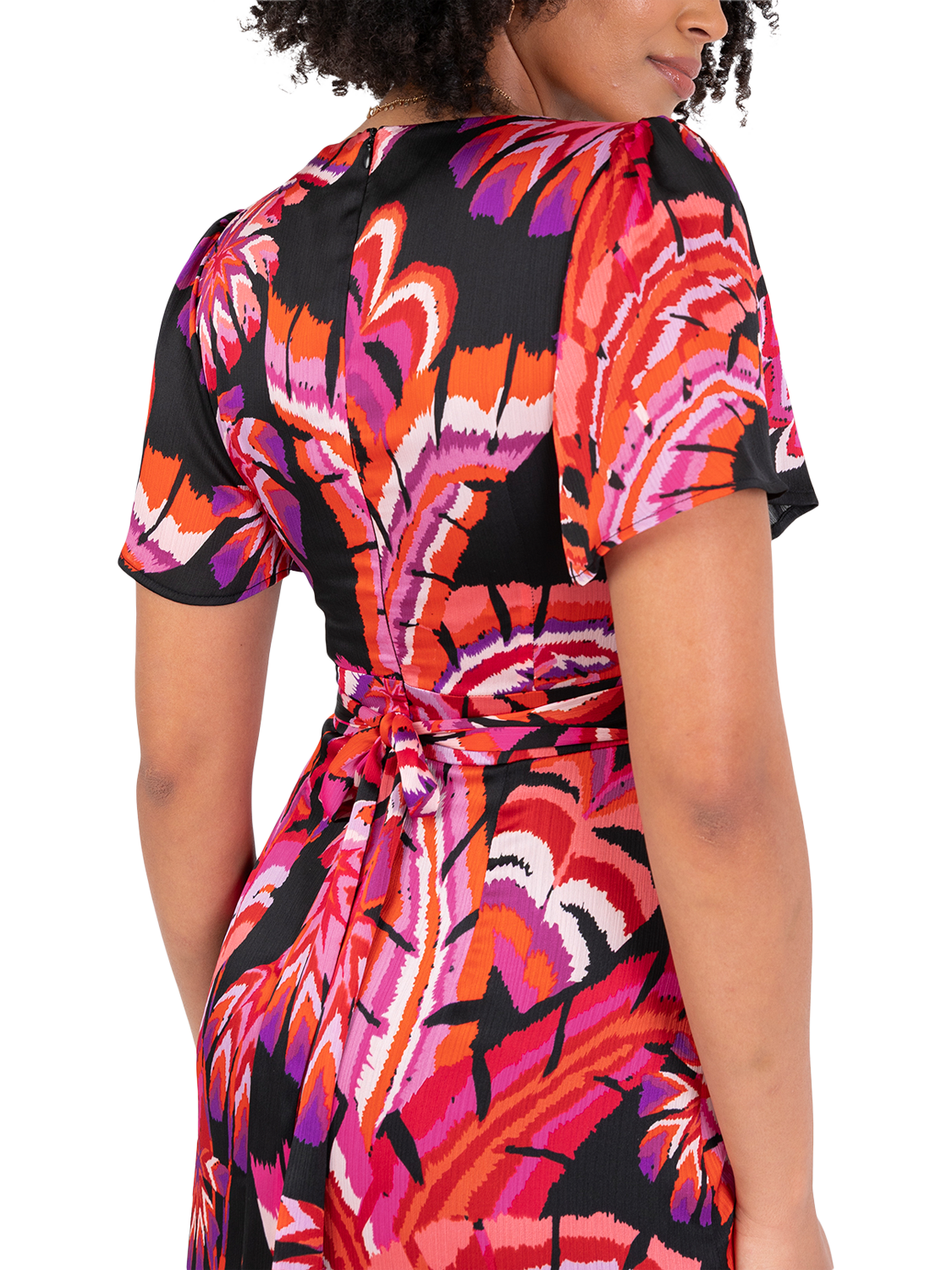 Product image 5 of 11, which shows Lovedrobe Tropical Floral Waterfall Ruffle Midaxi Dress, Black/Multi, 8