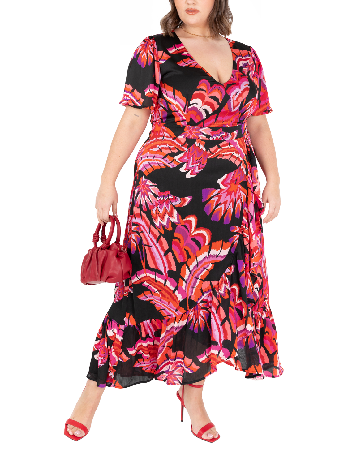 Product image 6 of 11, which shows Lovedrobe Tropical Floral Waterfall Ruffle Midaxi Dress, Black/Multi, 8
