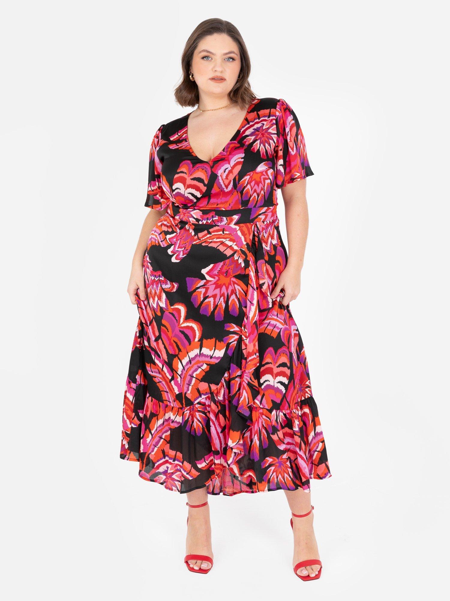 Product image 7 of 11, which shows Lovedrobe Tropical Floral Waterfall Ruffle Midaxi Dress, Black/Multi, 8
