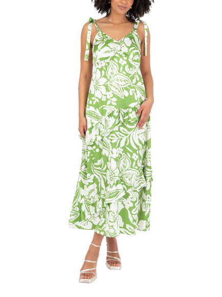 Lovedrobe Floral Tie Shoulder Midaxi Dress, Green/White, Green/White