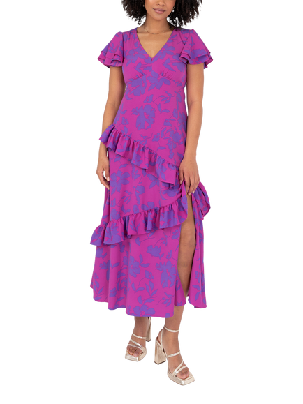 Lovedrobe Floral Ruffle Detail Midaxi Dress, Pink, Pink