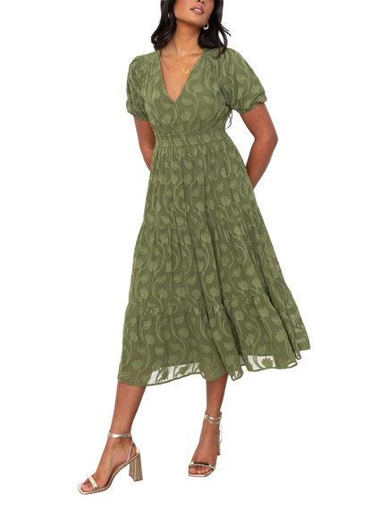 Lovedrobe Floral Burn Out Midi Dress, Khaki