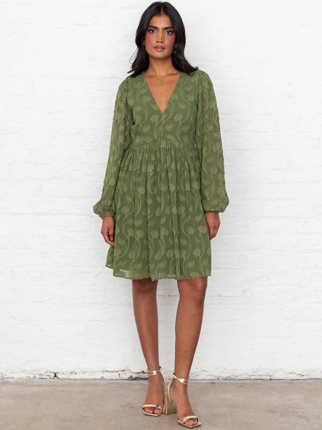 Product image 8 of 8, which shows Lovedrobe Floral Embroidered Mini Dress, Khaki, 8