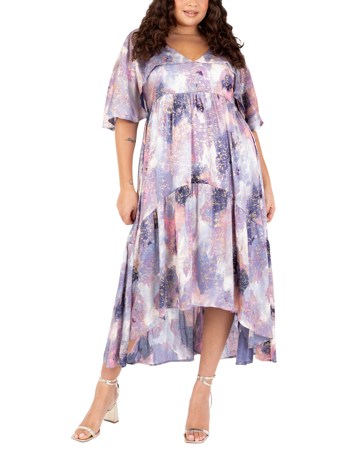 Product image 6 of 11, which shows Lovedrobe Angel Sleeve Marble Print Midi Dress, Multi, 8