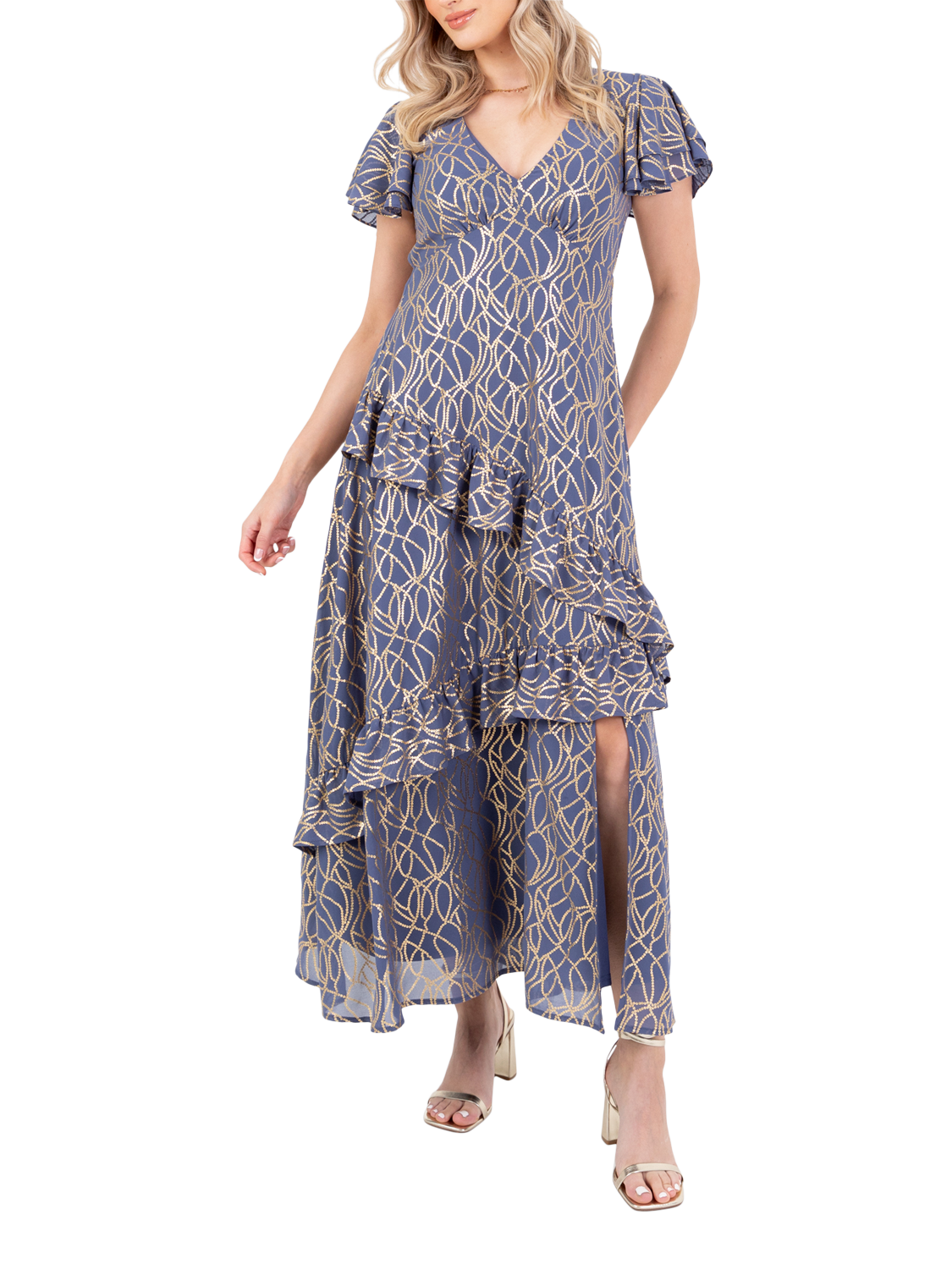 Product image 1 of 11, which shows Lovedrobe Abstract Foil Print Flutter Sleeve Midaxi Dress, Blue/Gold, 8