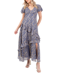 Lovedrobe Abstract Foil Print Flutter Sleeve Midaxi Dress, Blue/Gold