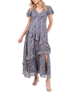 Lovedrobe Abstract Foil Print Flutter Sleeve Midaxi Dress, Blue/Gold, Blue/Gold