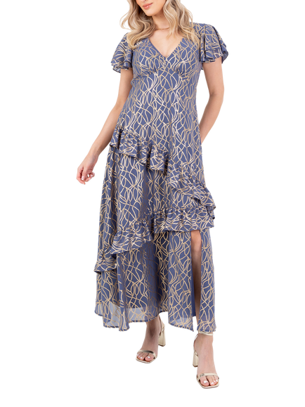 Lovedrobe Abstract Foil Print Flutter Sleeve Midaxi Dress, Blue/Gold, Blue/Gold