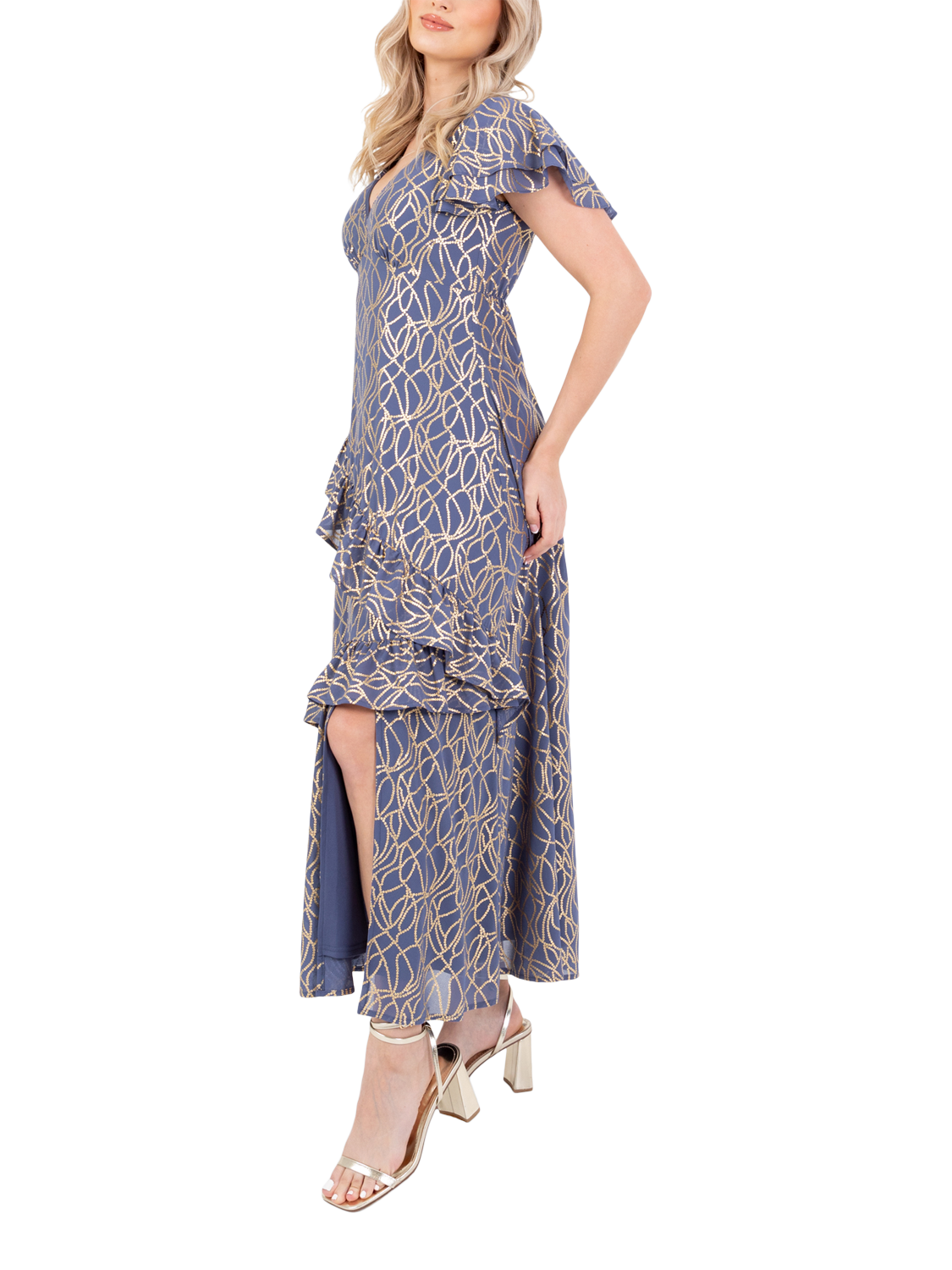 Product image 3 of 11, which shows Lovedrobe Abstract Foil Print Flutter Sleeve Midaxi Dress, Blue/Gold, 8