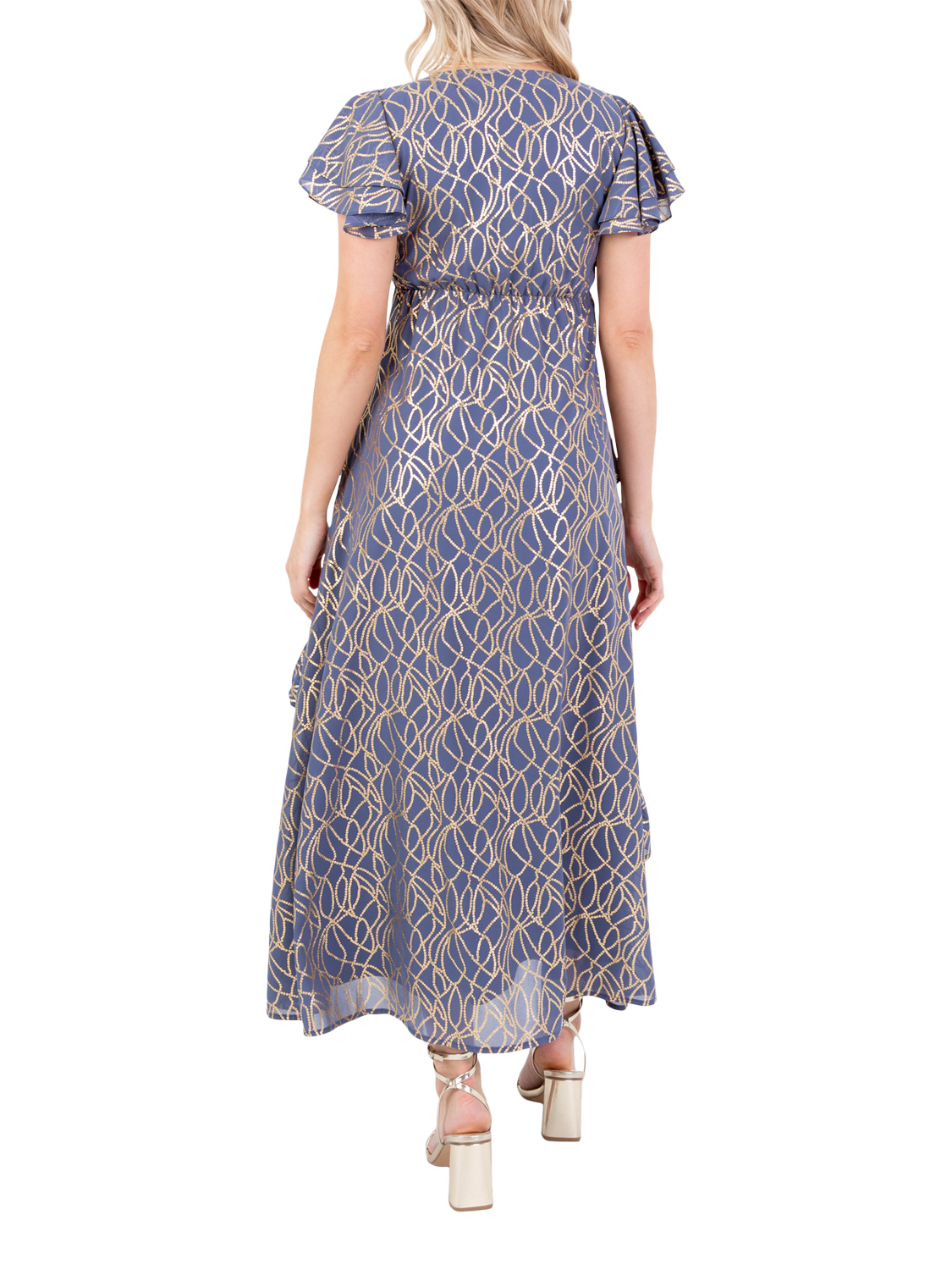 Product image 4 of 11, which shows Lovedrobe Abstract Foil Print Flutter Sleeve Midaxi Dress, Blue/Gold, 8