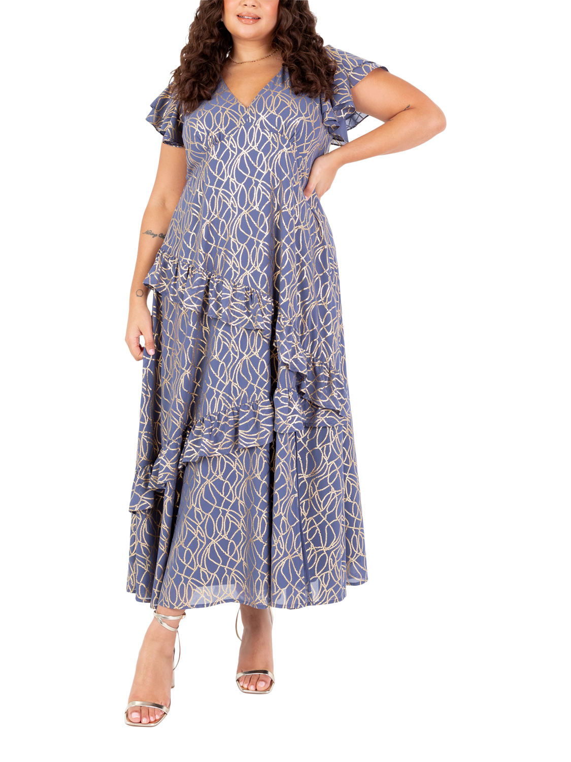 Product image 5 of 11, which shows Lovedrobe Abstract Foil Print Flutter Sleeve Midaxi Dress, Blue/Gold, 8