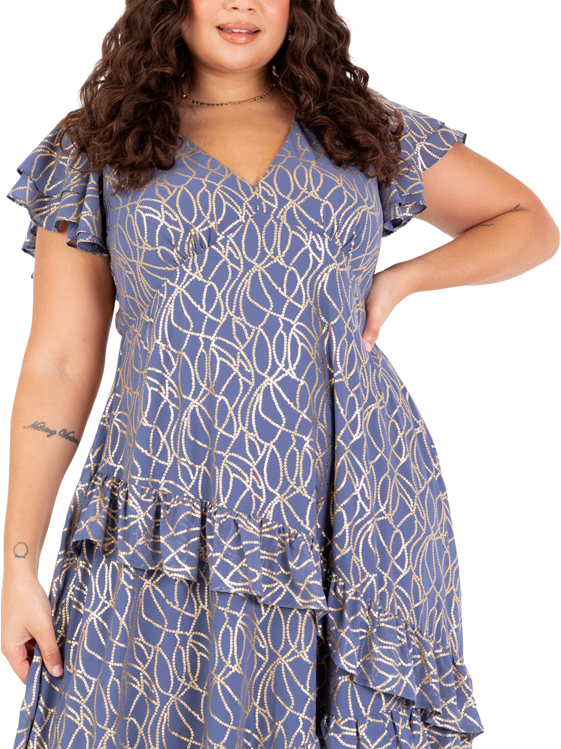 Product image 6 of 11, which shows Lovedrobe Abstract Foil Print Flutter Sleeve Midaxi Dress, Blue/Gold, 8